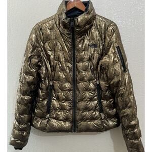 North Face Womens Medium Gold Puffer Winter Jacket Metallic Black Bubble Puff M